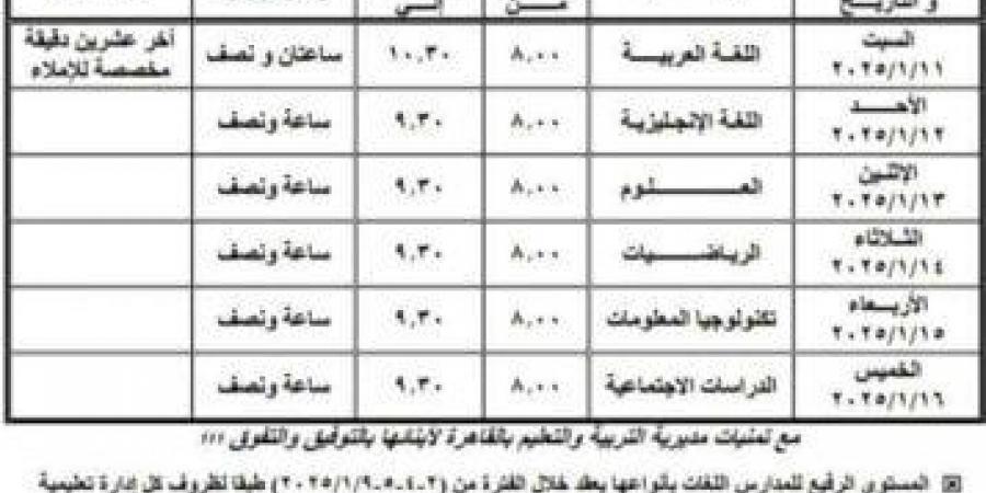 جدول امتحانات الصف الخامس الابتدائي ترم أول بجميع المحافظات