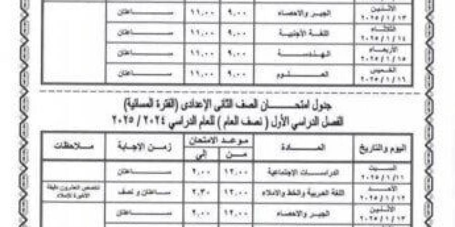 جدول امتحانات الصف الثاني الإعدادي في المحافظات