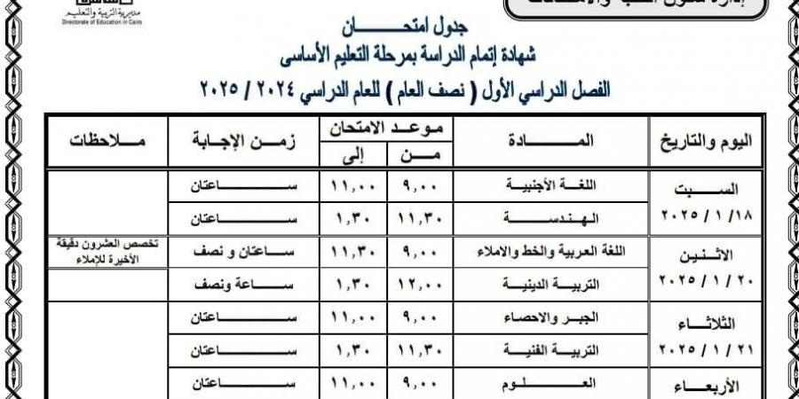 جداول امتحانات المحافظات الترم الأول لطلاب الشهادة الإعدادية 