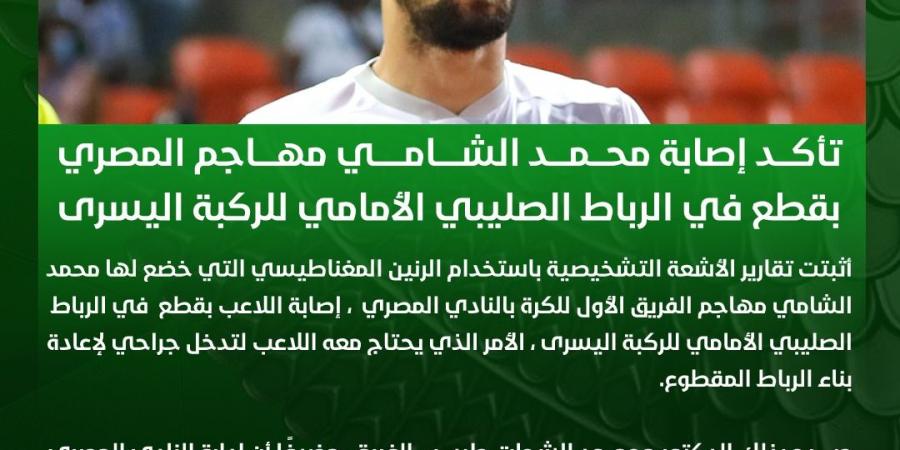 تأكد إصابة محمد الشامي مهاجم المصري البورسعيدي بقطع في الرباط الصليبي الأمامي للركبة اليسرى